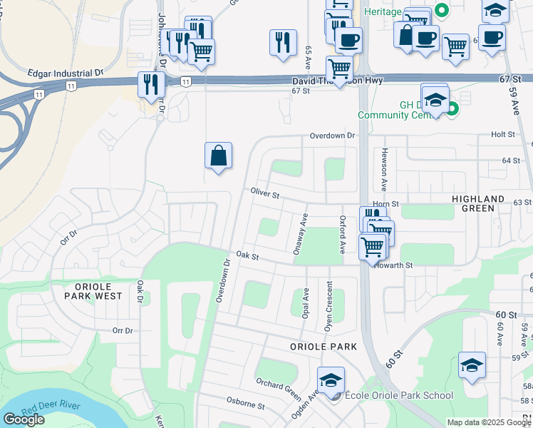 map of restaurants, bars, coffee shops, grocery stores, and more near 40 C Orient Green in Red Deer