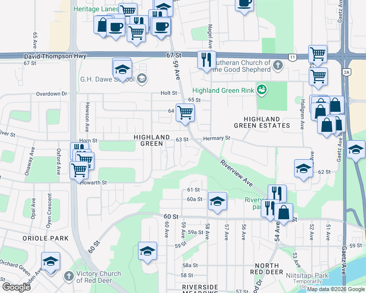 map of restaurants, bars, coffee shops, grocery stores, and more near 5925 63 Street in Red Deer