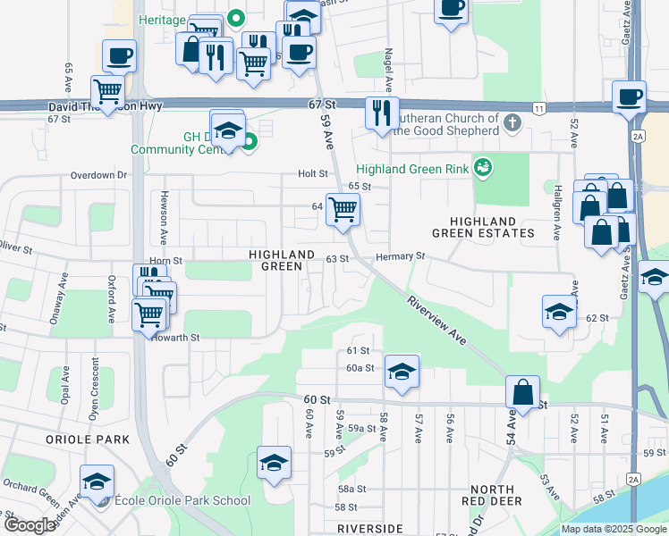 map of restaurants, bars, coffee shops, grocery stores, and more near 5935 63 Street in Red Deer