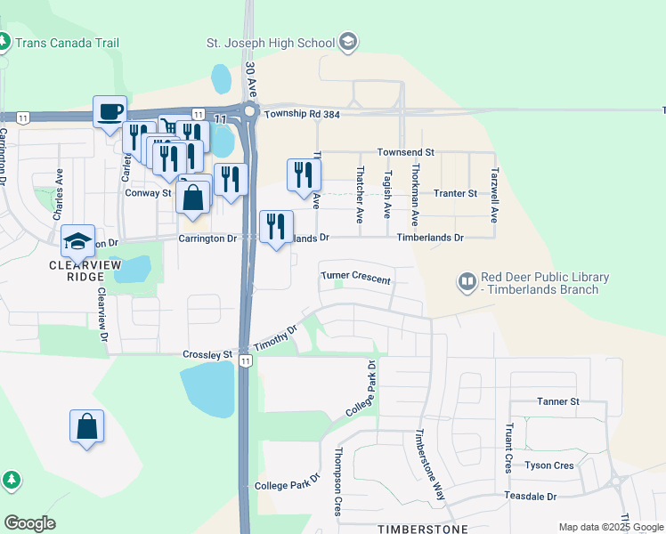 map of restaurants, bars, coffee shops, grocery stores, and more near 122 Turner Crescent in Red Deer