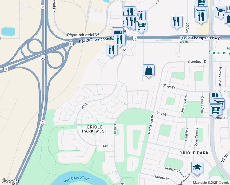 map of restaurants, bars, coffee shops, grocery stores, and more near 6277 Ogilvie Close in Red Deer
