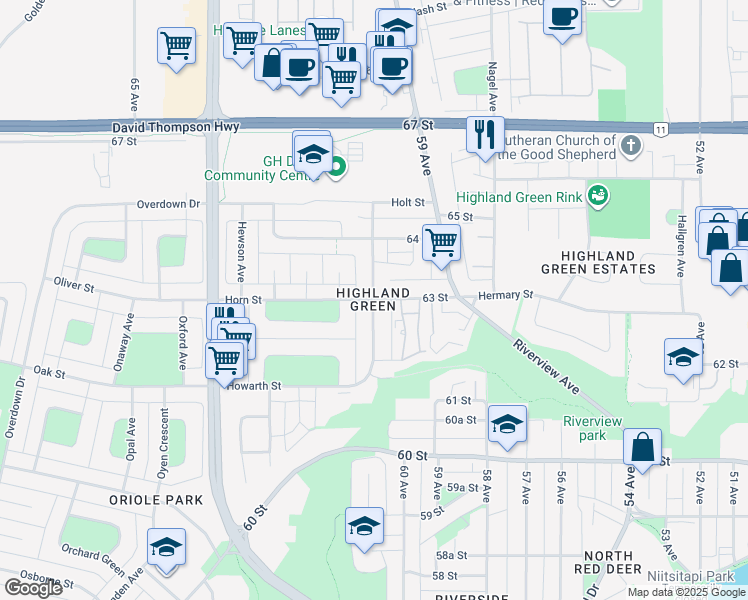 map of restaurants, bars, coffee shops, grocery stores, and more near 5953 63 Street in Red Deer