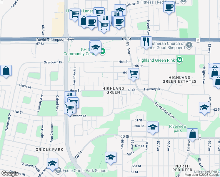 map of restaurants, bars, coffee shops, grocery stores, and more near 6110 Horn Street in Red Deer