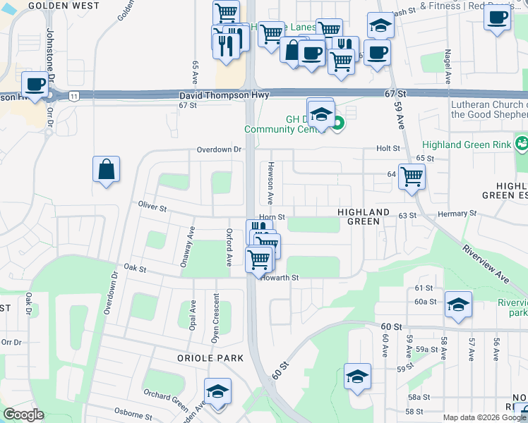 map of restaurants, bars, coffee shops, grocery stores, and more near 6314 Horn Street in Red Deer