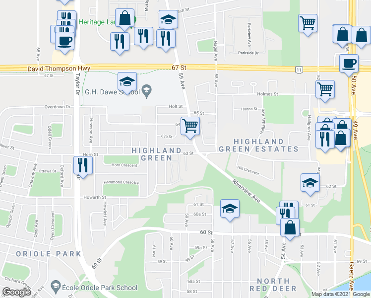 map of restaurants, bars, coffee shops, grocery stores, and more near 5935 63 Street in Red Deer