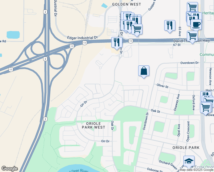 map of restaurants, bars, coffee shops, grocery stores, and more near 6300 Orr Drive in Red Deer