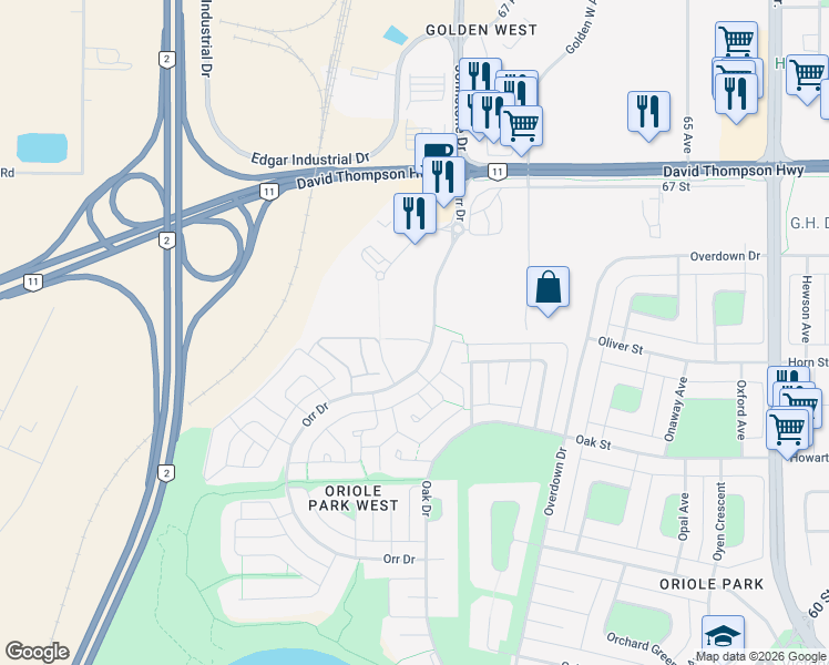map of restaurants, bars, coffee shops, grocery stores, and more near 6300 Orr Drive in Red Deer