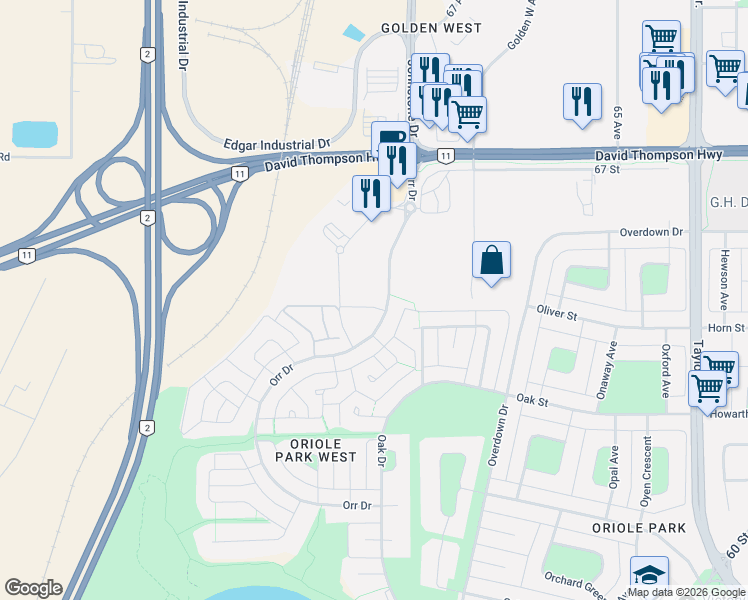 map of restaurants, bars, coffee shops, grocery stores, and more near 6324 Orr Drive in Red Deer