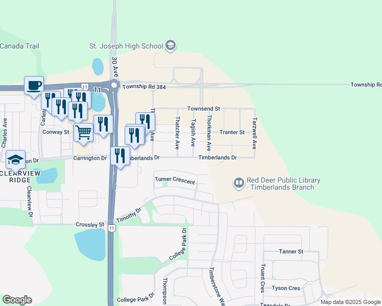 map of restaurants, bars, coffee shops, grocery stores, and more near 18 Tagish Avenue in Red Deer