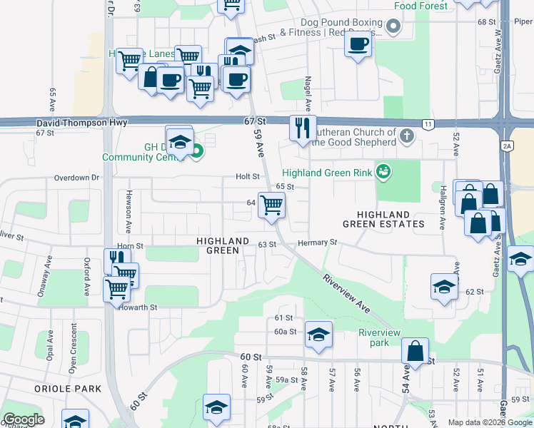 map of restaurants, bars, coffee shops, grocery stores, and more near 6328 59 Avenue in Red Deer