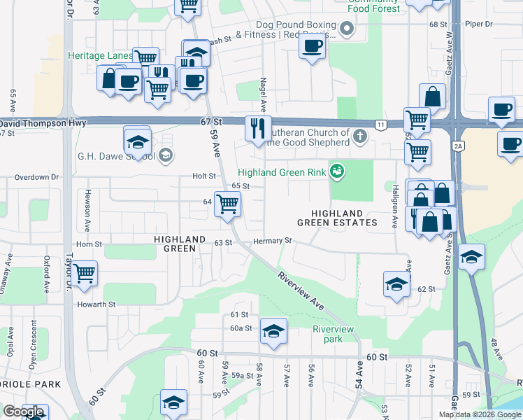 map of restaurants, bars, coffee shops, grocery stores, and more near in Red Deer