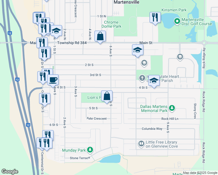 map of restaurants, bars, coffee shops, grocery stores, and more near 513 4 Street South in Martensville