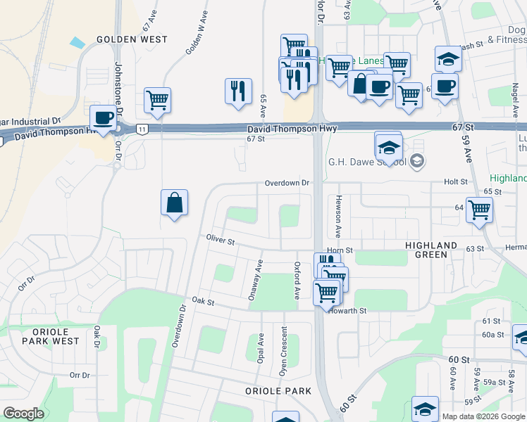 map of restaurants, bars, coffee shops, grocery stores, and more near 53 Oates Green in Red Deer