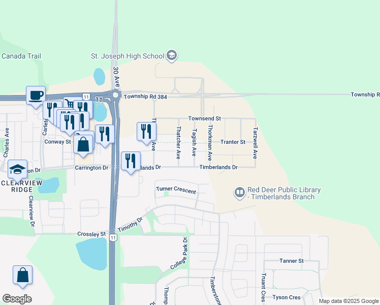 map of restaurants, bars, coffee shops, grocery stores, and more near 18 Tagish Avenue in Red Deer
