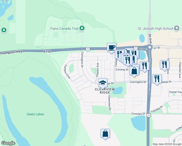map of restaurants, bars, coffee shops, grocery stores, and more near 14 Castella Crescent in Red Deer