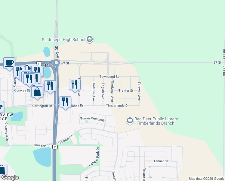 map of restaurants, bars, coffee shops, grocery stores, and more near Thorkman Avenue in Blackfalds