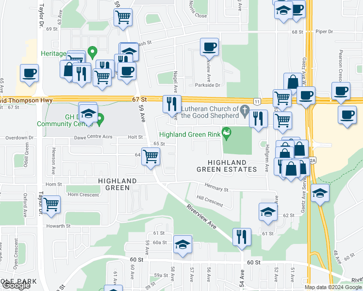 map of restaurants, bars, coffee shops, grocery stores, and more near 6331 58 Avenue in Red Deer
