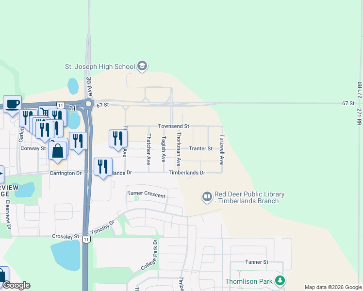 map of restaurants, bars, coffee shops, grocery stores, and more near Thorkman Avenue in Blackfalds