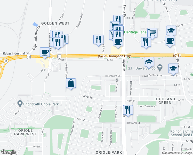 map of restaurants, bars, coffee shops, grocery stores, and more near 271 Overdown Drive in Red Deer