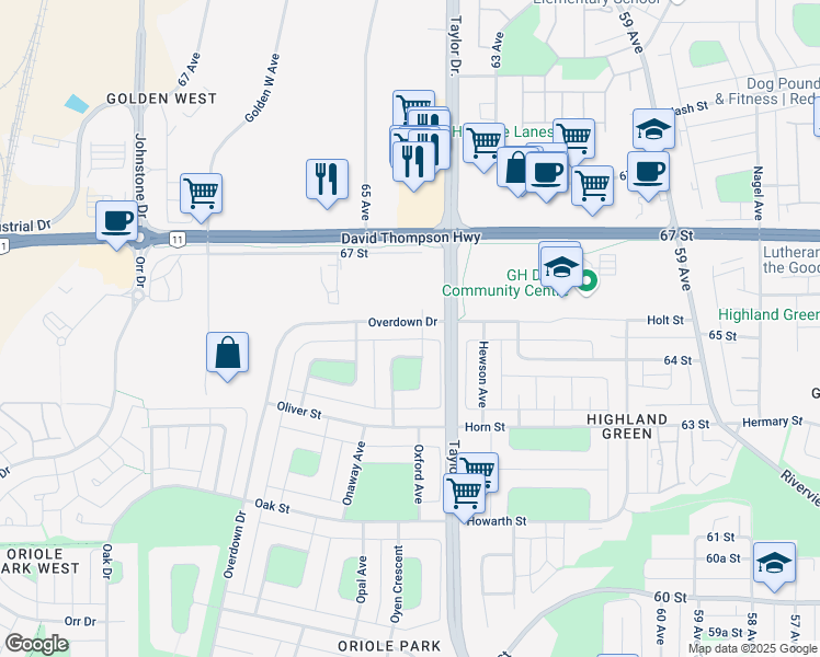 map of restaurants, bars, coffee shops, grocery stores, and more near 319 Overdown Drive in Red Deer