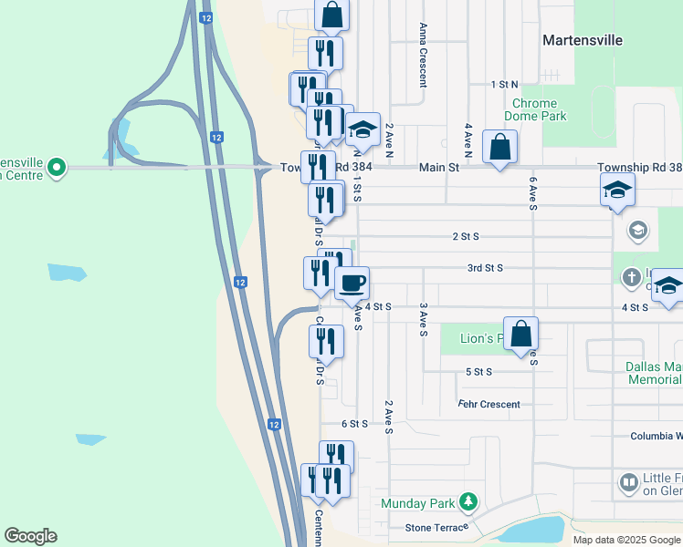 map of restaurants, bars, coffee shops, grocery stores, and more near in Martensville