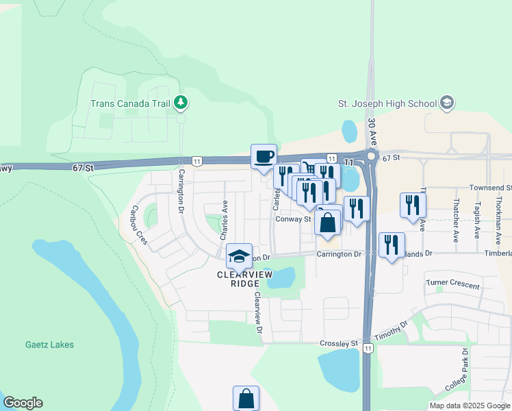 map of restaurants, bars, coffee shops, grocery stores, and more near 30 Carleton Avenue in Red Deer