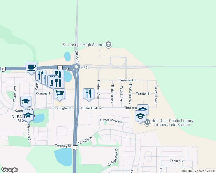 map of restaurants, bars, coffee shops, grocery stores, and more near in Red Deer
