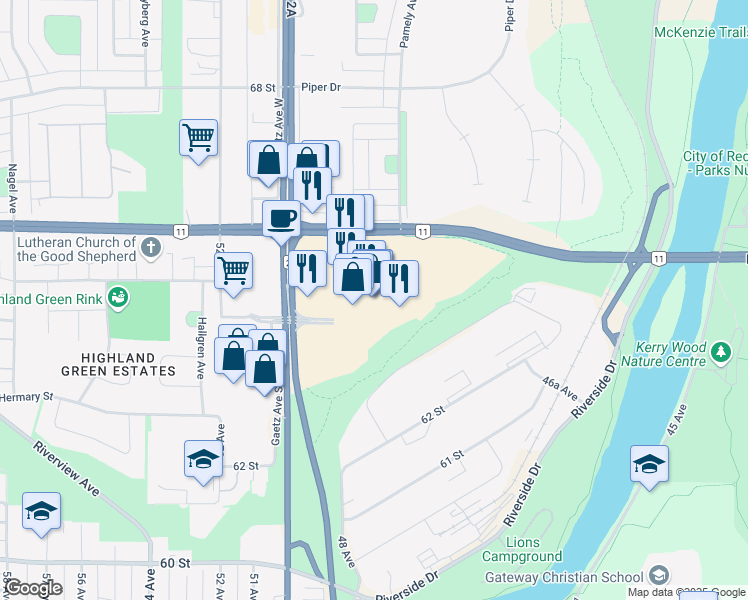 map of restaurants, bars, coffee shops, grocery stores, and more near 4811 67 Street in Red Deer