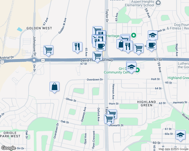 map of restaurants, bars, coffee shops, grocery stores, and more near 319 Overdown Drive in Red Deer