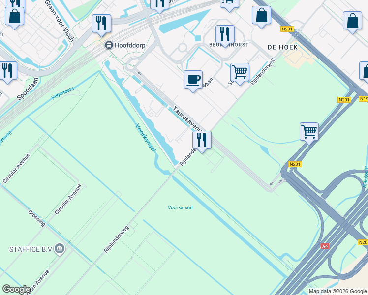 map of restaurants, bars, coffee shops, grocery stores, and more near 165 Taurusavenue in Hoofddorp
