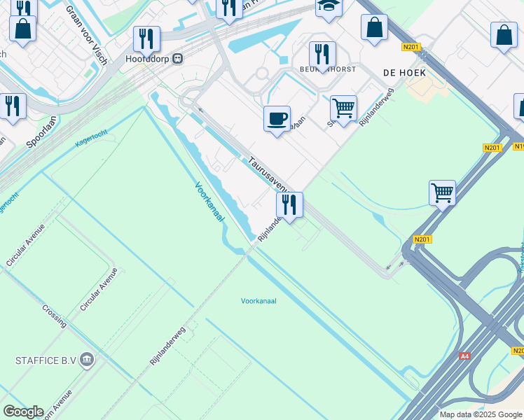 map of restaurants, bars, coffee shops, grocery stores, and more near 165 Taurusavenue in Hoofddorp