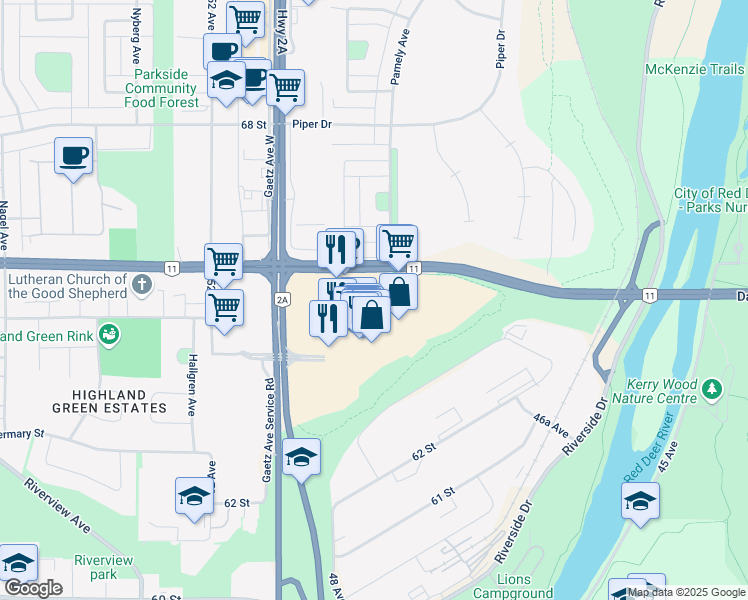map of restaurants, bars, coffee shops, grocery stores, and more near 4811 67 Street in Red Deer