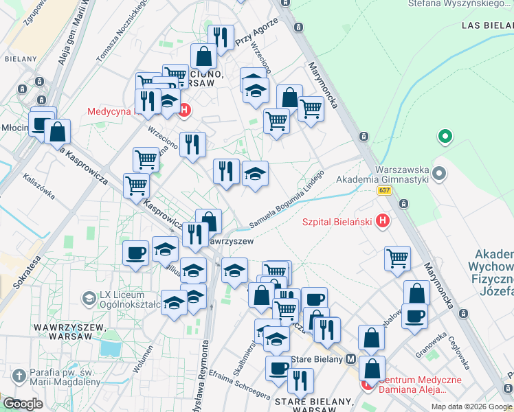 map of restaurants, bars, coffee shops, grocery stores, and more near 20 Lindego in Warszawa