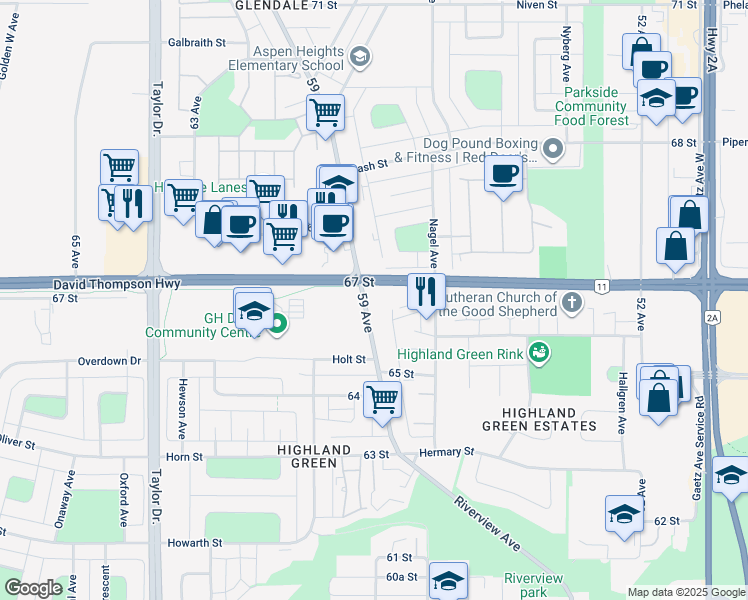 map of restaurants, bars, coffee shops, grocery stores, and more near 6551 59 Avenue in Red Deer