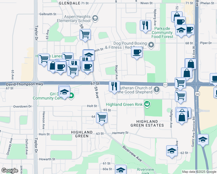 map of restaurants, bars, coffee shops, grocery stores, and more near 6592 58 Avenue in Red Deer