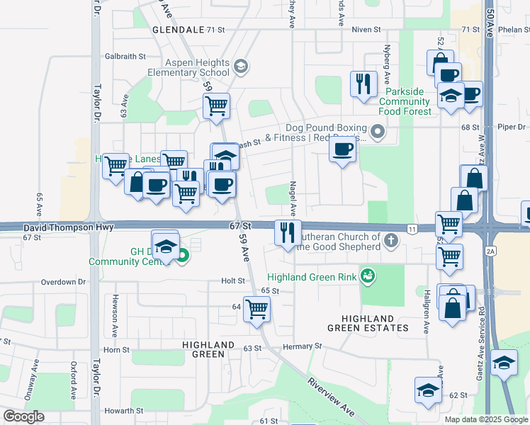 map of restaurants, bars, coffee shops, grocery stores, and more near 6592 58 Avenue in Red Deer
