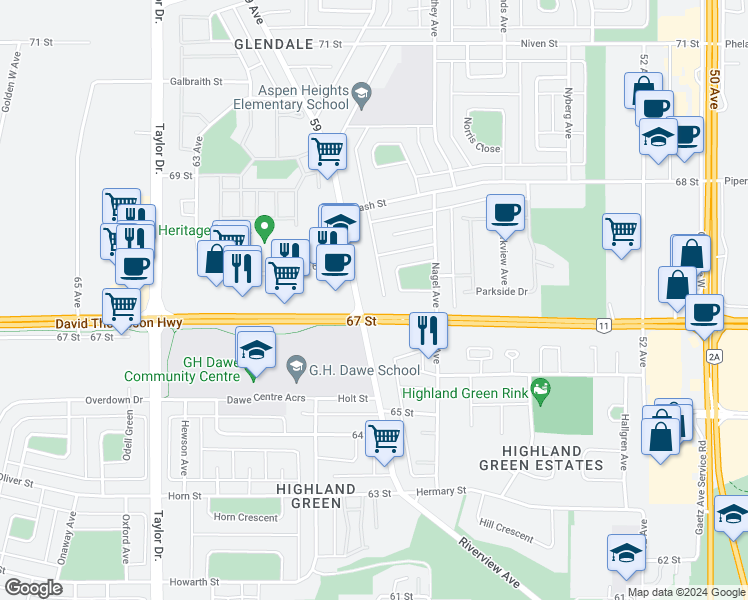map of restaurants, bars, coffee shops, grocery stores, and more near 6711 D 59 Avenue in Red Deer