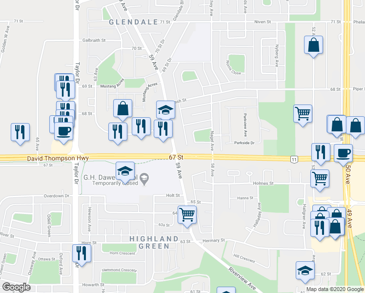 map of restaurants, bars, coffee shops, grocery stores, and more near 6551 D 59 Avenue in Red Deer