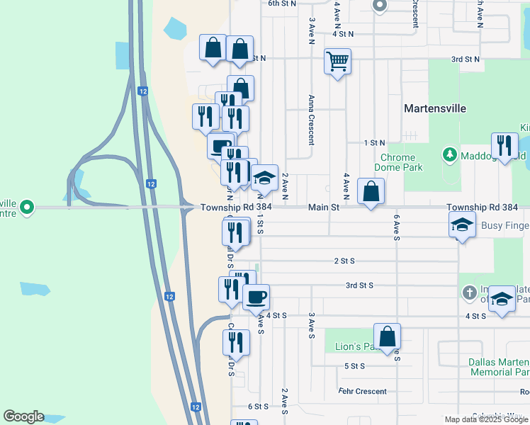 map of restaurants, bars, coffee shops, grocery stores, and more near 106 Main Street in Martensville