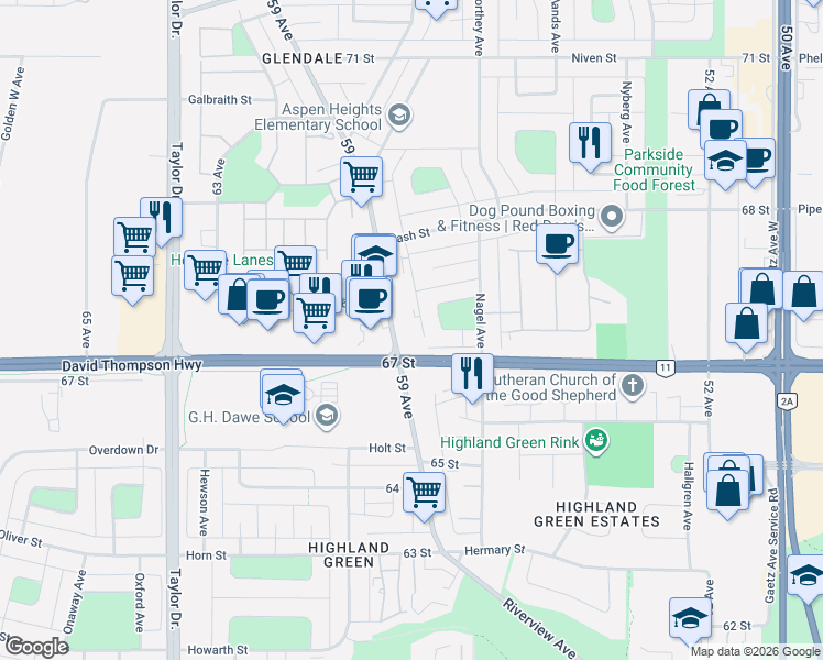 map of restaurants, bars, coffee shops, grocery stores, and more near in Red Deer