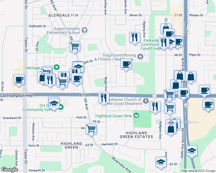 map of restaurants, bars, coffee shops, grocery stores, and more near 17 Nagel Avenue in Red Deer