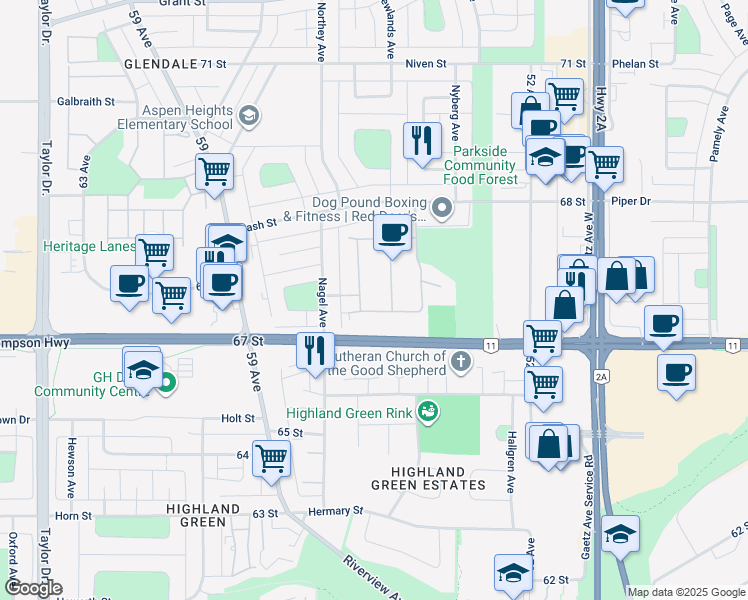 map of restaurants, bars, coffee shops, grocery stores, and more near 12 Parkview Avenue in Red Deer