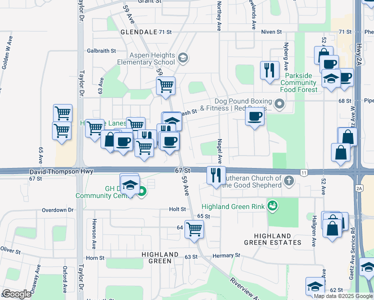 map of restaurants, bars, coffee shops, grocery stores, and more near in Red Deer