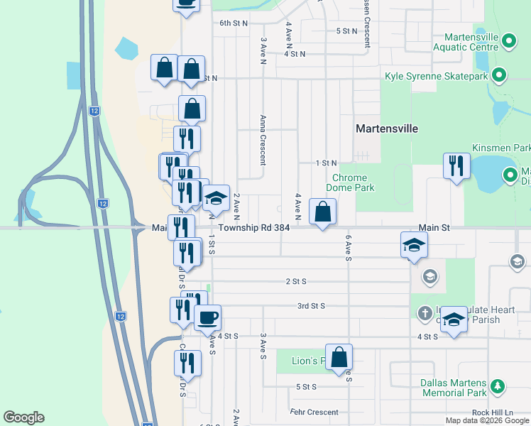 map of restaurants, bars, coffee shops, grocery stores, and more near 231 Main Street in Martensville