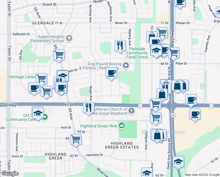 map of restaurants, bars, coffee shops, grocery stores, and more near 12 Parkview Avenue in Red Deer