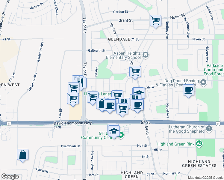 map of restaurants, bars, coffee shops, grocery stores, and more near 512 Mustang Acres in Red Deer