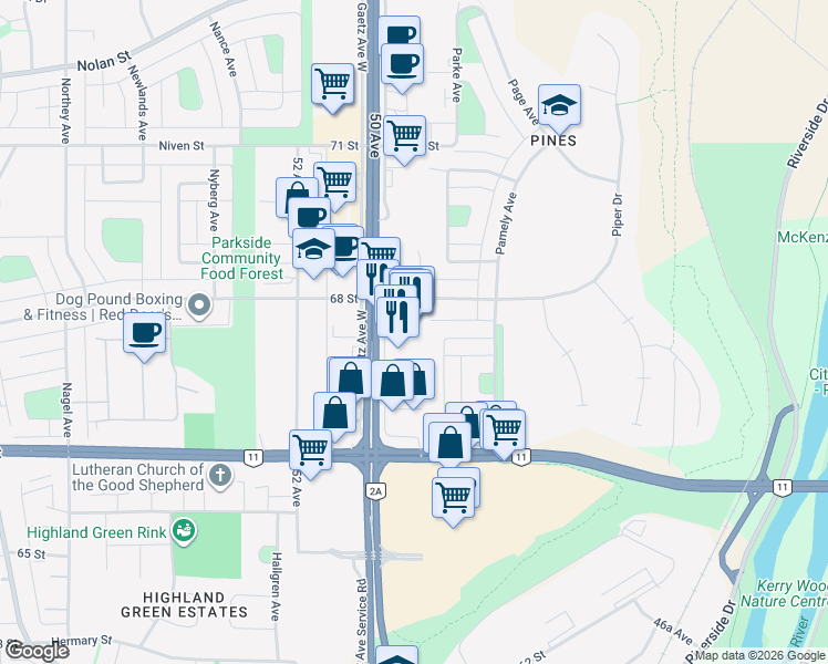 map of restaurants, bars, coffee shops, grocery stores, and more near 6791 50 Avenue in Red Deer