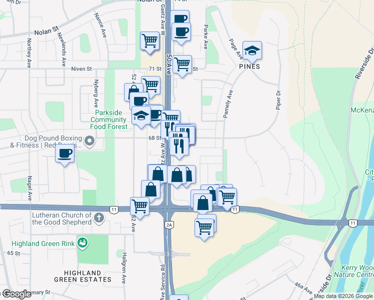 map of restaurants, bars, coffee shops, grocery stores, and more near 6791 Gaetz Avenue East in Red Deer