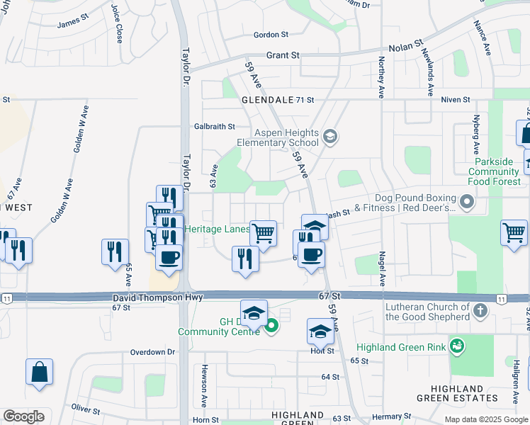 map of restaurants, bars, coffee shops, grocery stores, and more near 512 Mustang Acres in Red Deer