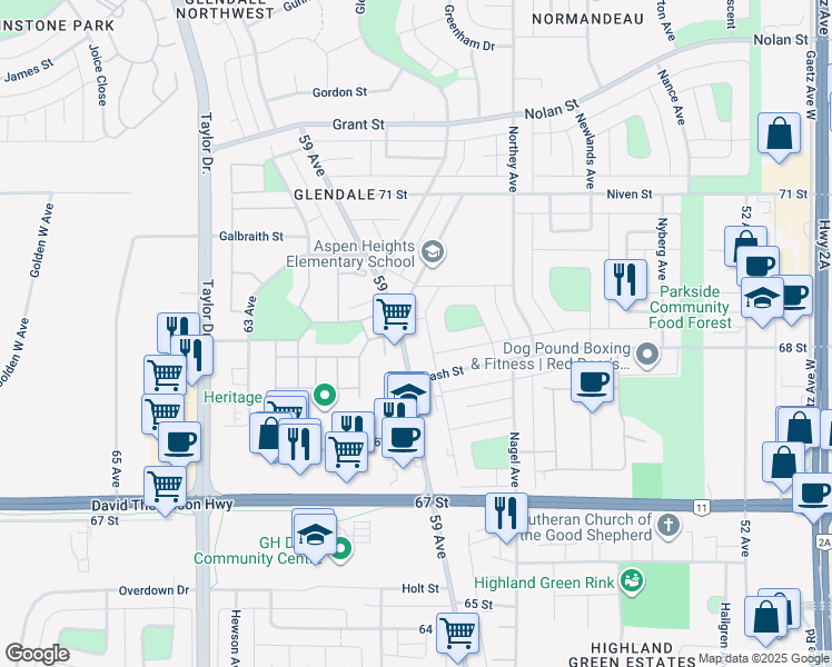 map of restaurants, bars, coffee shops, grocery stores, and more near 69 Neville Close in Red Deer